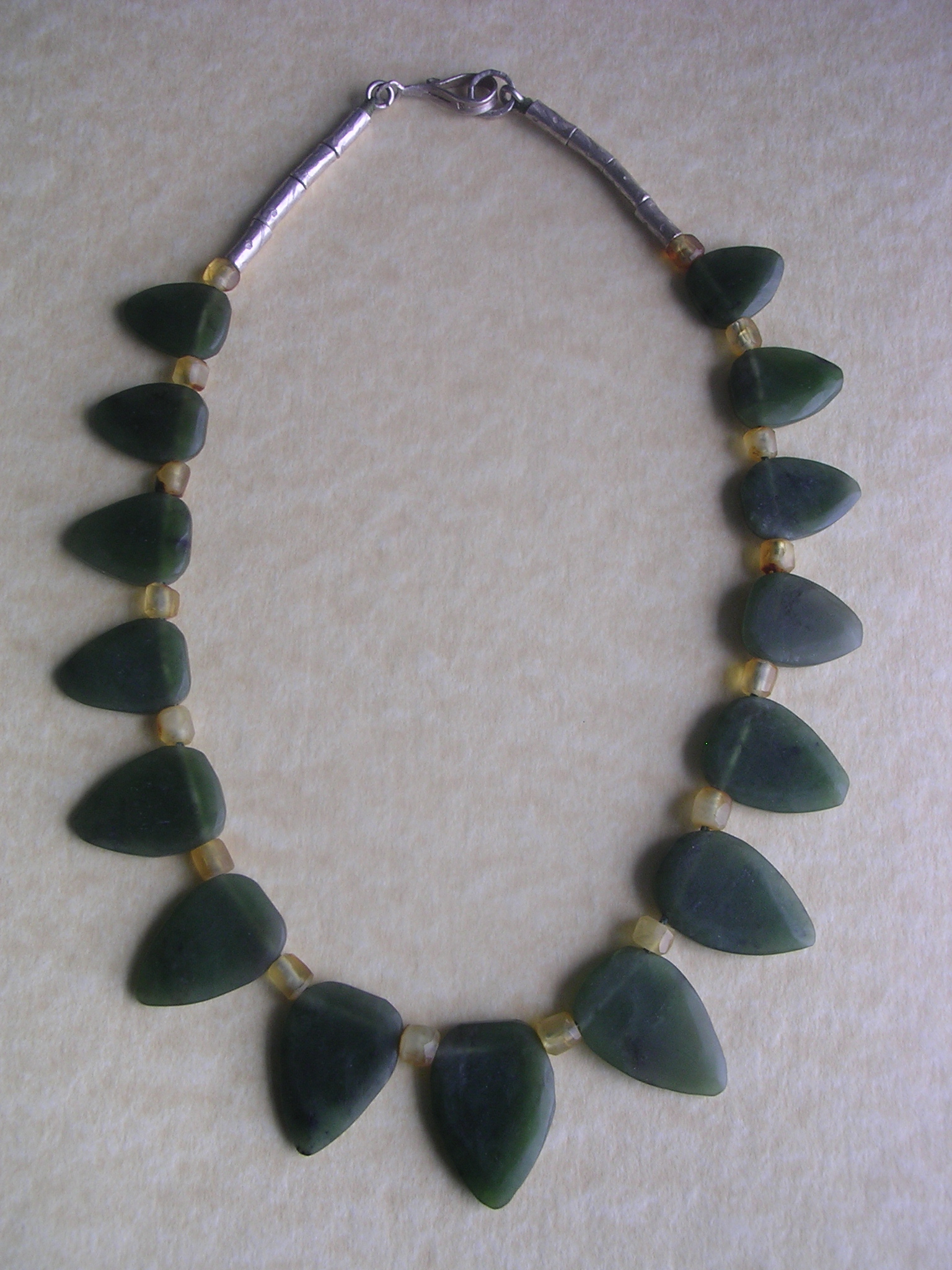handmade silver, Jade and amber necklace